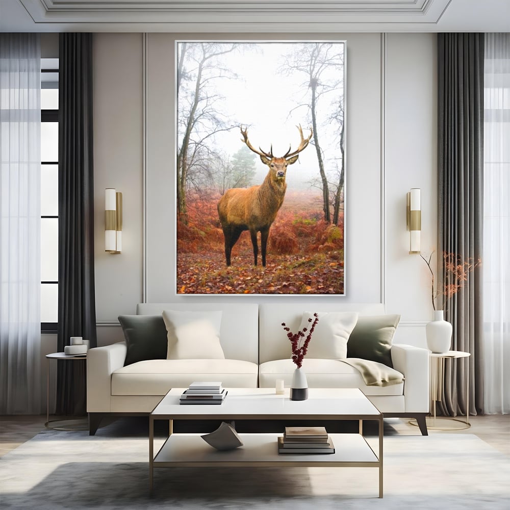 Tablou canvas cu tablou canvas cu cerb in padure cu ceata, in rama de aluminiu argintiu, pe perete intr-un living